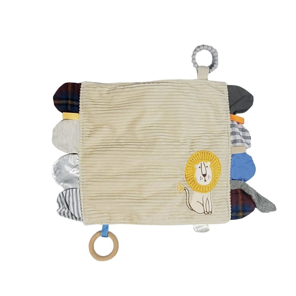 Modern Baby Lion Lovey Plush Tan Corduroy Ridged Teether Ring Security Blanket